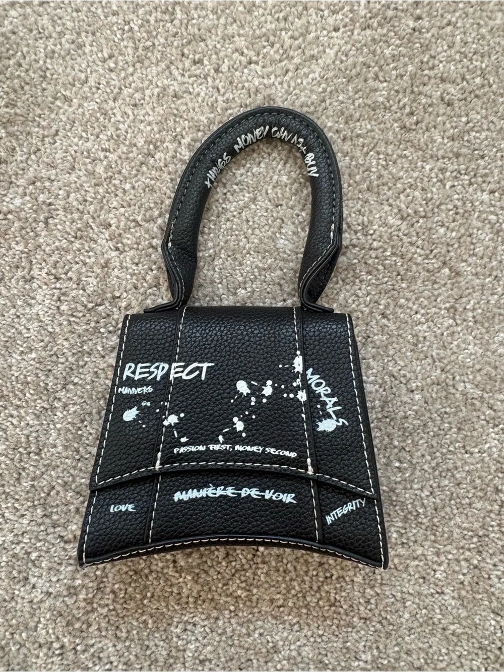 Maniere De Voir Black Mini Top-Handle Bag with White Graphic Text - Picture 1 of 5